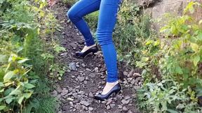 high heels forest walk, climbing uphill and downhill on high heels, muddy shoes
