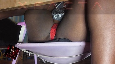 Flashing my trimmed black pussy in my living room