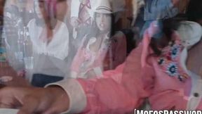 Dark-haired Claire Black and Bailey Blaze in a public foursome fuck