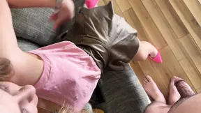 Skinny blonde babe seduces amateur porn director for a messy handjob