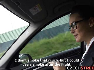 Slutty stewardess got some cash to get down on her knees and suck dick until it explodes