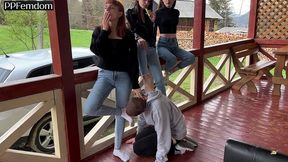 group foot domination and socks worship femdom outdoor with sofi, kira and dina