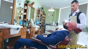 Inked Bruno Max fingered and fucked the pink hole of suited Ricky Hard