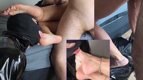 Loser Cuckold Licks Cum and Squirt - Sexy Hot Wife Fucks her Date while Humiliating her Cuck Making Him lick cum of her Feet - 2 angles - SQUIRT - CUM LICK - CUCKOLD - FOOT WORSHIP - FOOT HUMILIATION - TRAMPLE - FOOTJOB - CUMSHOT - DOMINATION - HUMILIATI