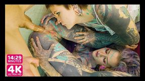 2 heavy tattoo girls get ass fucked by a big dick