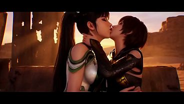 Lesbian lovers share a horny kiss