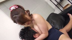 Fantastic japanese babe with huge tits is pleasuring two big cocks