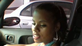Dirty ebony sales assistant gives blowjob to a customer