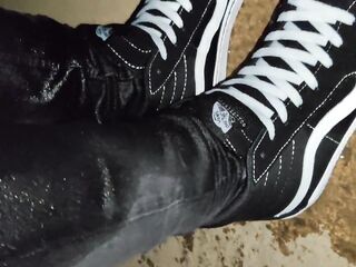 Pissing Slender Jeans and Brand Recent Vans Sk8 Sneakers