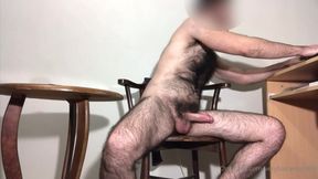 Sexy hairy guy cums all over her leg on the couch