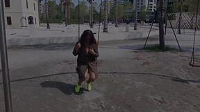 Sexy stepmom shows off her busty body and hairy pussy in public