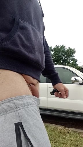 Freeballing in grey sweat pants