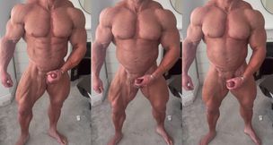 Monstrous muscle bodybuilder flexing and draining (vertical flick)