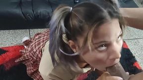 My stupid stepsister secretly want suck my cock so I help her with it