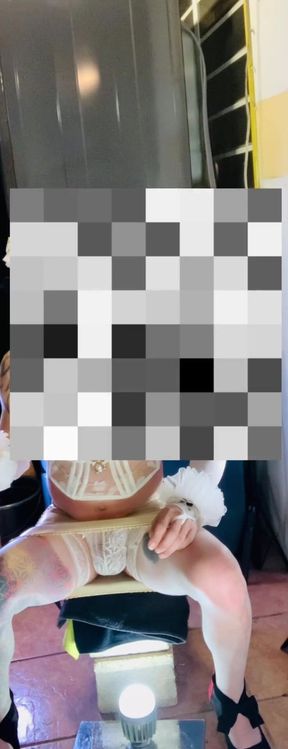 TS Shemale in High Heels Very Sexy White Stocking Lingerie Showing His Panties Outside