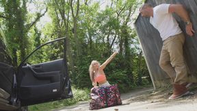Strong dude gives a sweet blonde a helping dick outdoors