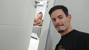 My husband's friend came home, caught us having sex in the bedroom and then sat me hidden while the cuckold was in the shower.
