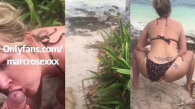 British milf sucks and fucks muscular man on Cancun beach.