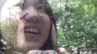 Naughty Asian babe close up pisses and outdoor pussy plays