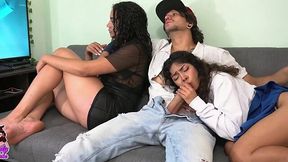 Spicy latinas share heavy cock on couch in fantastic threesome