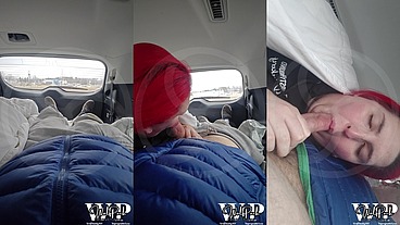 MtF Asian American redhead shemale cum slut ImpregnableLexa sucks and fucks in public in the back of a car in a gas station parking lot