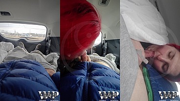 MtF Asian American redhead shemale cum slut ImpregnableLexa sucks and fucks in public in the back of a car in a gas station parking lot
