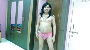 Cute and Nude sissy crossdresser femboy Sweet Lollipop masturbation and cumshot.