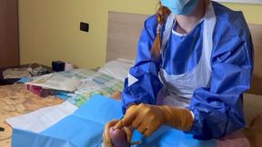 getting all the CUM out FROM PATIENT, WITH VIBRATOR, GOWN AND LATEX GLOVES