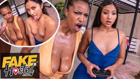 Fake Hostel - Video game playing Asian Thai girl and Ebony Latina college teens in horny threesome with big sweaty tits