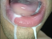 cum in my mouth, I play with your cum, and I swallow it, closeup, naughty gay, tongue, sloopy