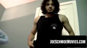 Straight newbie with abs jerks off alone filming cumshot angle