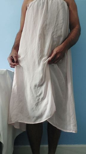 Masterbating in wet pink seethrough silk fleared chiffon skirt