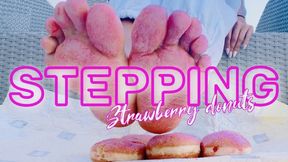 Stepping strawberry donuts with bare foot
