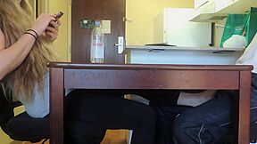 Nerdy Gf Rubbing Her Boyfriends Dick With Her Hot Feet Under The Table