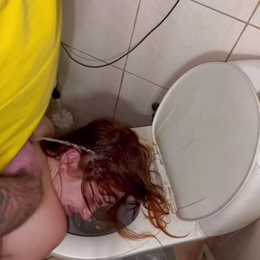 Flashing head in toilet, piss on hair and facefuck with cum in throat