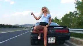 Blonde Hitchhiker Gets Fucked Hard by Two Guys Outdoors