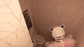 Chibi moon: cleaning the bathroom in her maid outfit with a clear pvc helmet