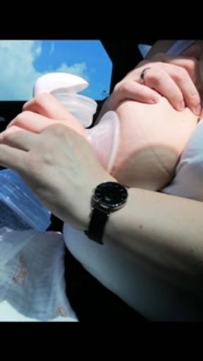 Pumping my big milk tits empty in the car