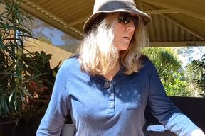 Horny West Aussie with top on and pants off squats and gapes outdoors