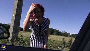 Naughty Redhead Flora Milano Goes Hitchhiking for Cock &amp; She Gets Two!