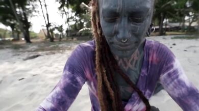 Heavily tattooed dreadlocks Anuskatzz holiday ocean tease with Lily Lu