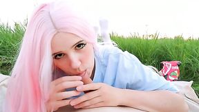 Cute anime fan fucks raw in the middle of a field with tall grass