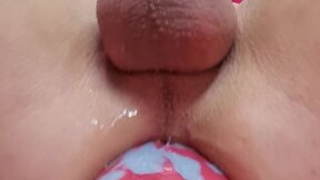 Tight pussy stretched by giant dildo