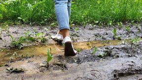 Muddy white socks, white socks in mud, dirty white socks, socks in muddy puddles walks