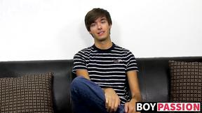 ”Young dude with bangs pleases himself after the interview”