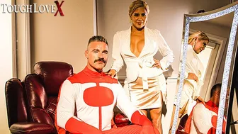 Caitlin Bell fucks her superhero husband with her big tits and deepthroat skills