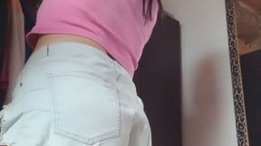 I was reorganizing my closet, trying on some new clothes... but I got that goosebump feeling you know so well. I sat on the floor, spread my legs, and got completely wet. I ended up playing with my long streams of pee, getting everything I could reac