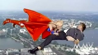 Kelly Trump cosplaying Supergirl sucking cock while flying