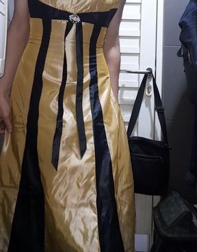 Gold Satin Silk Longdress Evening Gown Masturbation