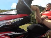 Risky public masturbation on rental motorbike in mountain with sexy girl
